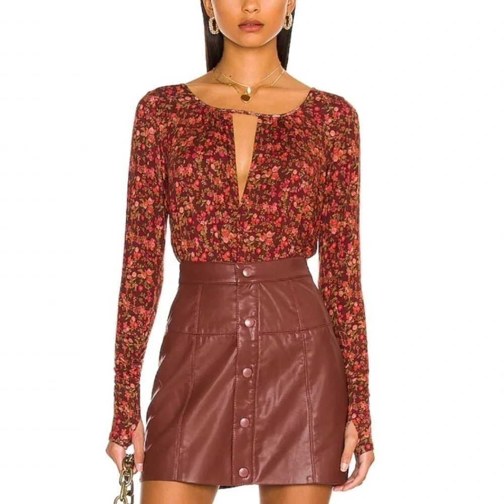 NWT Free People Kaya Floral Printed Keyhole Long Sleeve Ruched Bodysuit